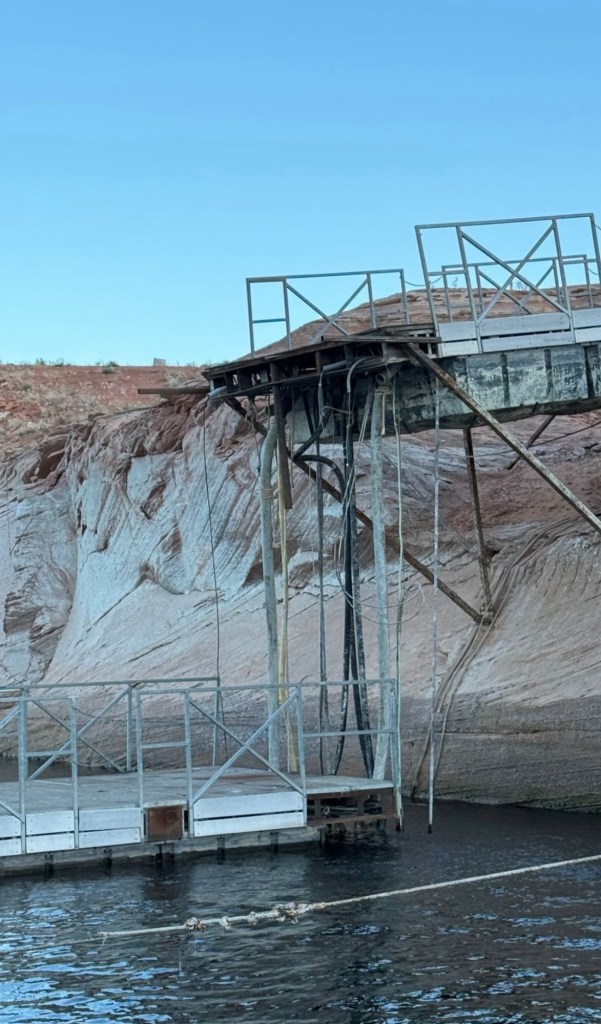 Antelope Point Marina dock- April 2024. The dock breaks (again) due to the lake levels declining rapidly 